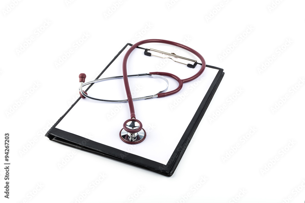 Blank clipboard with stethoscope on white background Blank clipboard with stethoscope on white background