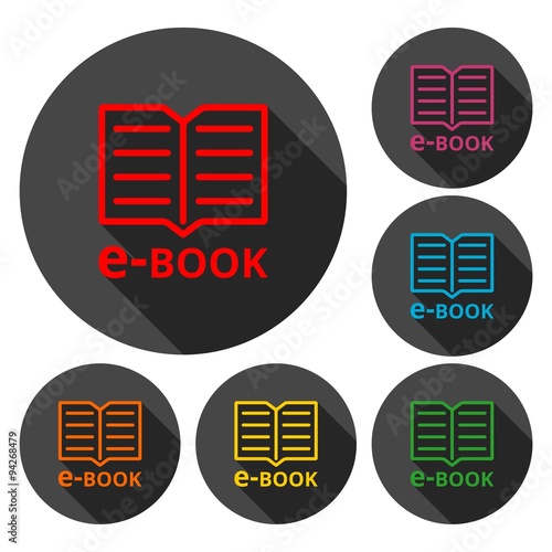 E-Book sign icons set with long shadow