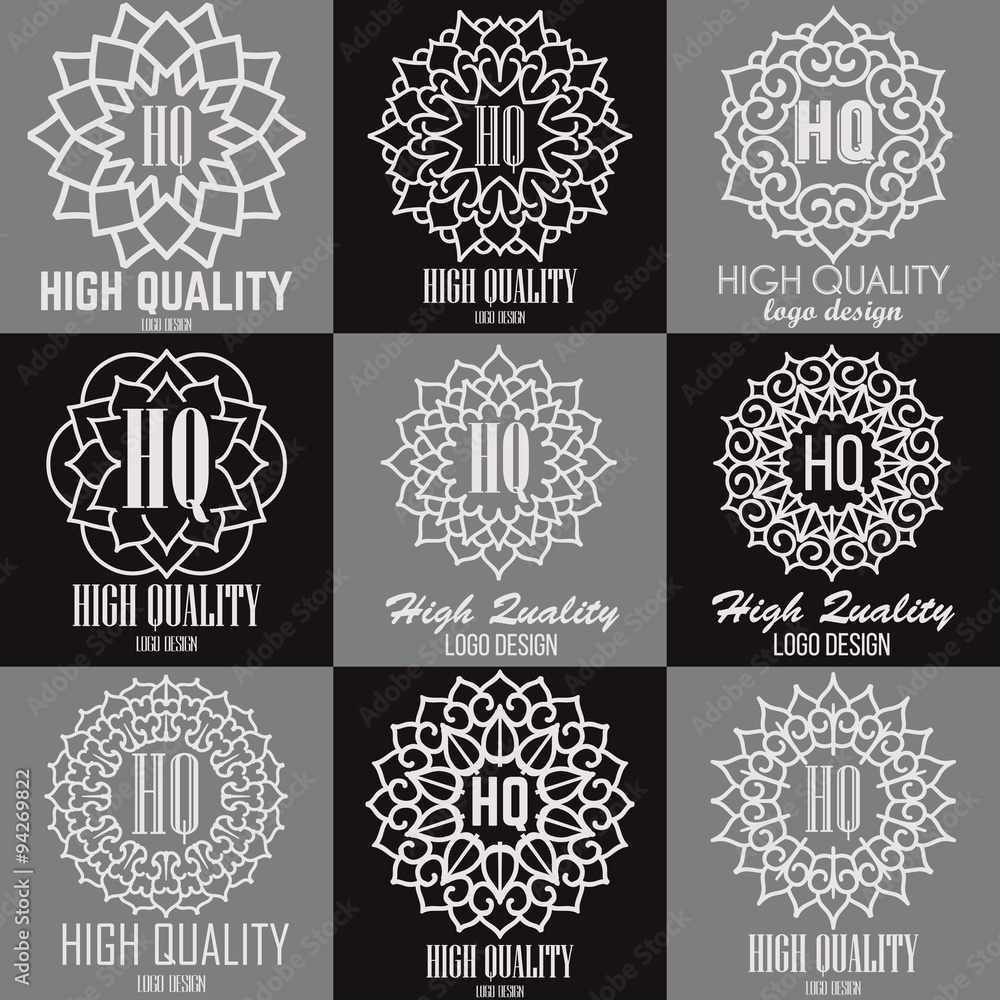 Retro design luxury insignias logotypes template set. Line art vector vintage style victorian swash elements. Elegant geometric shiny floral frames.