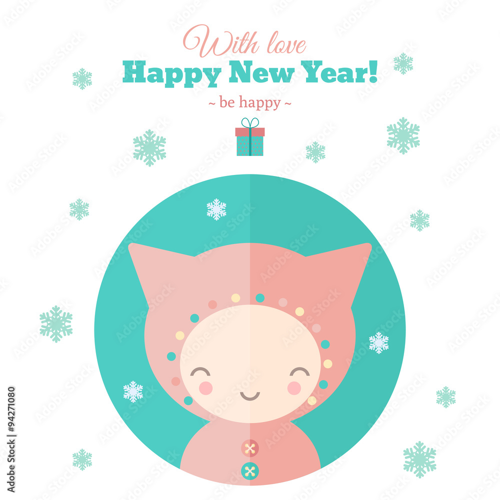 Fototapeta premium Greeting card with fun child for New Year in flat