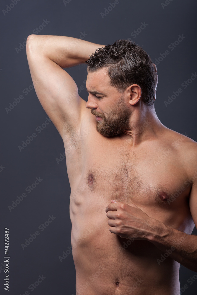 Attractive bare guy with beard in the morning Attractive bare guy with beard in the morning