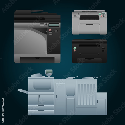 Set of color laser printer in vector. Digital print machine design. Color copy and printing equipment. Office hardware collection. Big press machine and small copier for business.