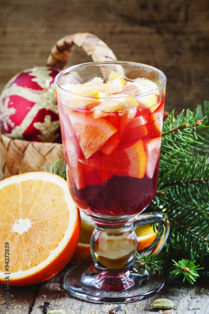 Christmas composition with mulled wine with orange, fir branches Christmas composition with mulled wine with orange, fir branches