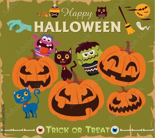 Vintage Halloween character poster design set with cat, owl, pumpkin