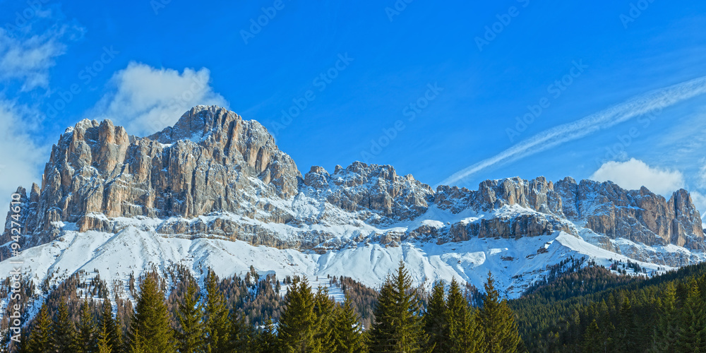 Winter rocky mountain panorama (Great Dolomites Road).