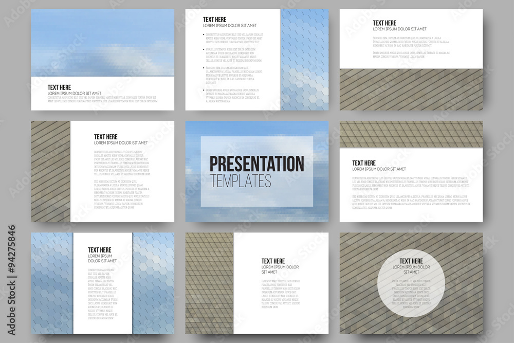 Set of 9 templates for presentation slides. Dry land and blue