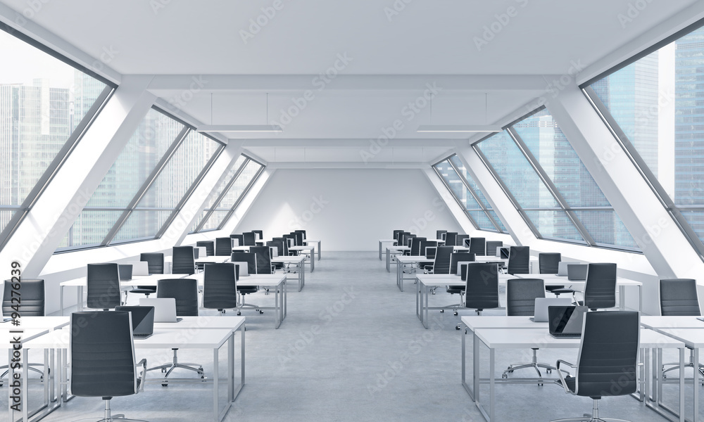 Workplaces in a bright modern open space loft office. White tables equipped by modern laptops and black chairs. Singapore panoramic view in the windows. 3D rendering. Workplaces in a bright modern open space loft office. White tables equipped by modern laptops and black chairs. Singapore panoramic view in the windows. 3D rendering.