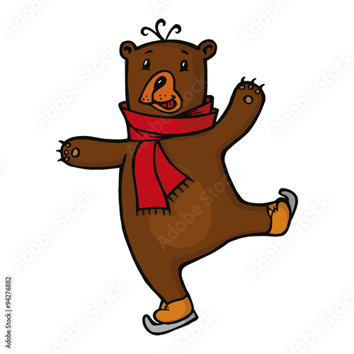 smiling Bear in red scarf skating on ice, vector illustration
