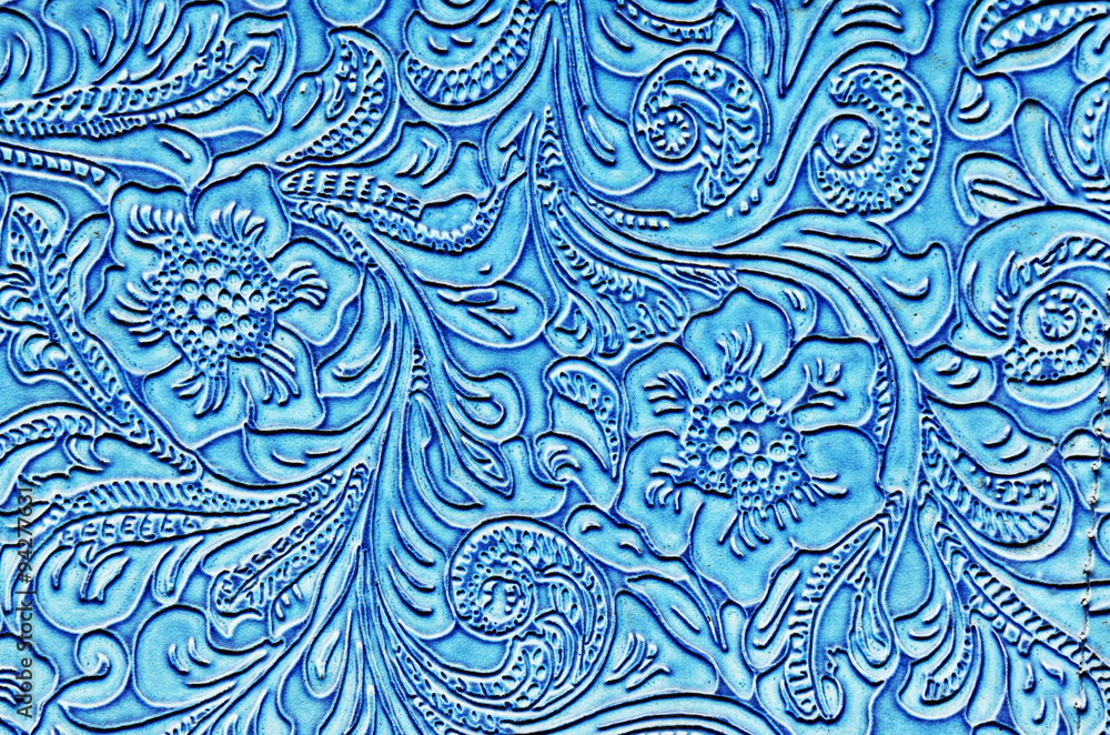 Blue Leather Embossed with a Floral Pattern Blue Leather Embossed with a Floral Pattern
