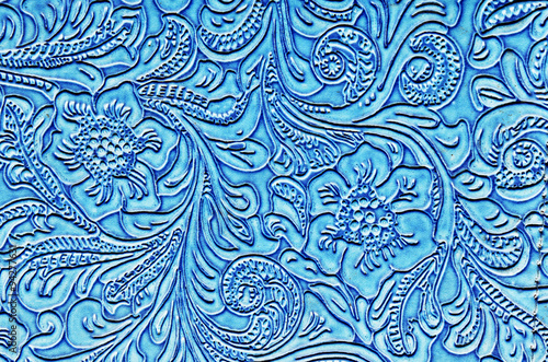 Blue Leather Embossed with a Floral Pattern