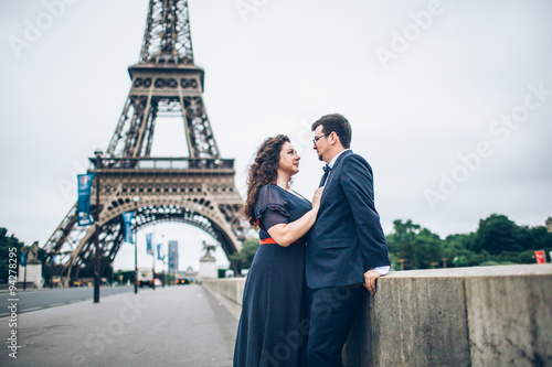 Bride and groom having a romantic moment on their wedding day in Paris © xan844