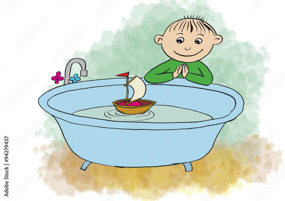 Little boy playing with ship in a bath Little boy playing with ship in a bath