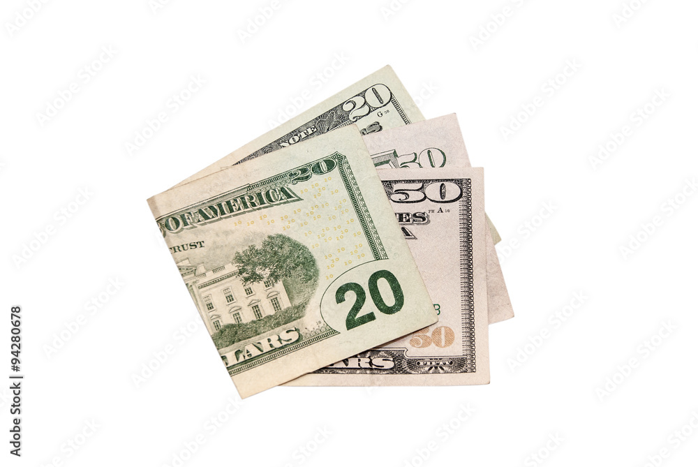 20 and 50 dollars on a white background 20 and 50 dollars on a white background