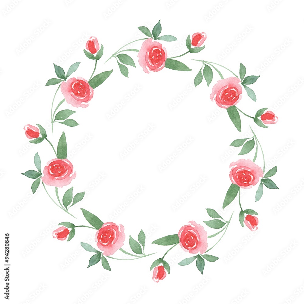 Branch of Roses. Watercolor floral round frame 01