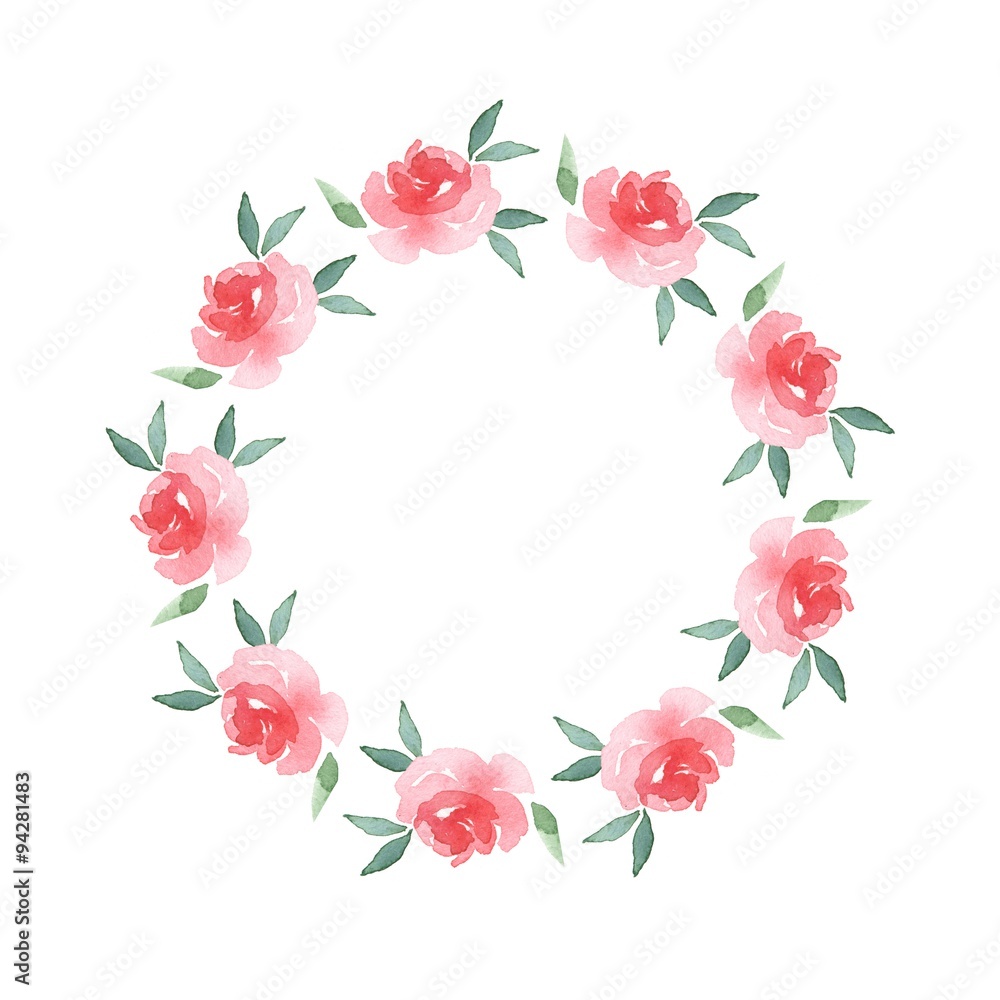 Branch of Roses. Watercolor floral round frame 02 