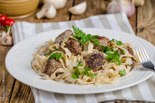 Homemade tagliatelle with meat balls