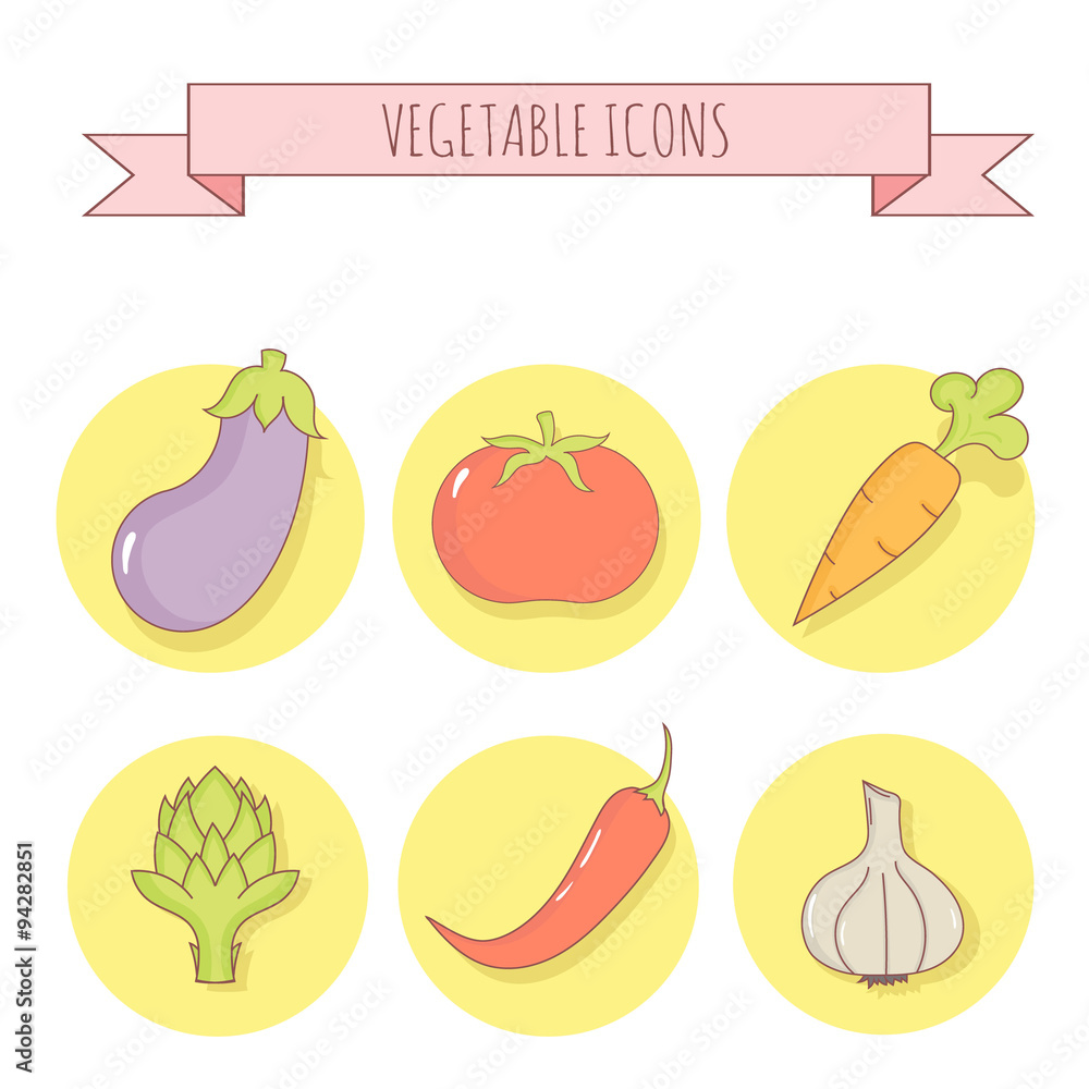Set of six vector vegetable icons. Linear style. Set of six vector vegetable icons. Linear style.