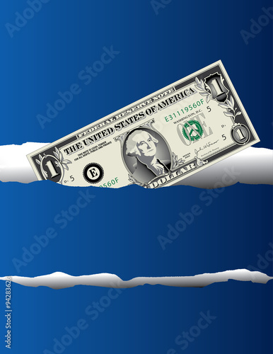A precisely drawn one dollar bill peers from torn paper