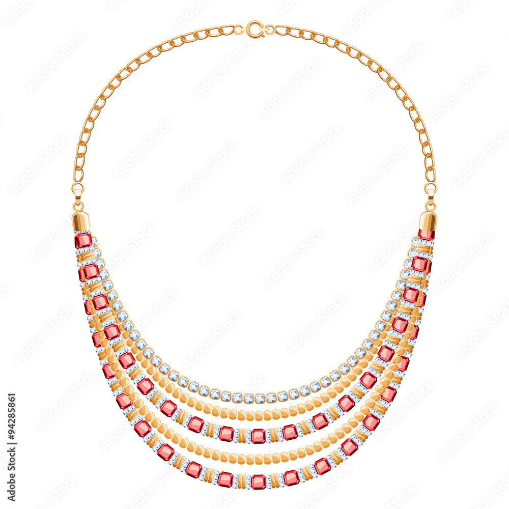 Many chains golden metallic necklace with diamonds and rubies. Many chains golden metallic necklace with diamonds and rubies.