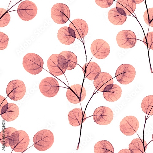 Branches with round leaves. Watercolor background. Seamless pattern 2