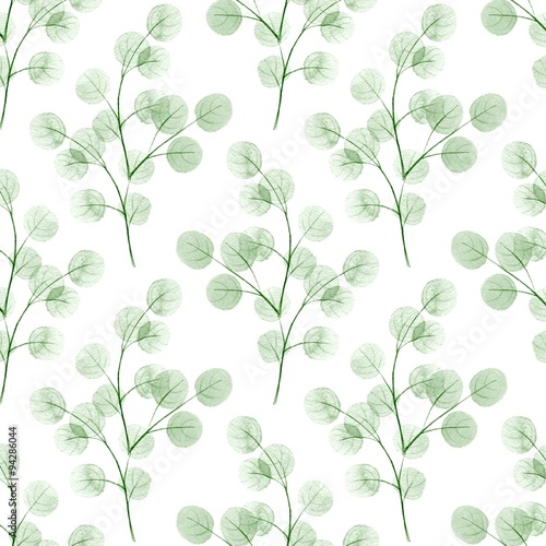 Branches with round leaves. Watercolor background. Seamless pattern 3