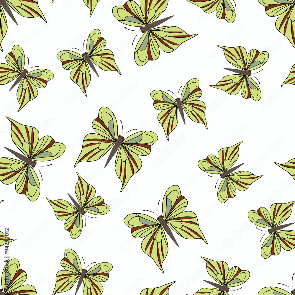Seamless pattern with yellow butterflies on the white background. Vintage texture. Summer backdrop. Vector illustration.