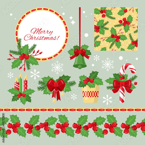 Christmas graphic elements with holly red berries and green leav