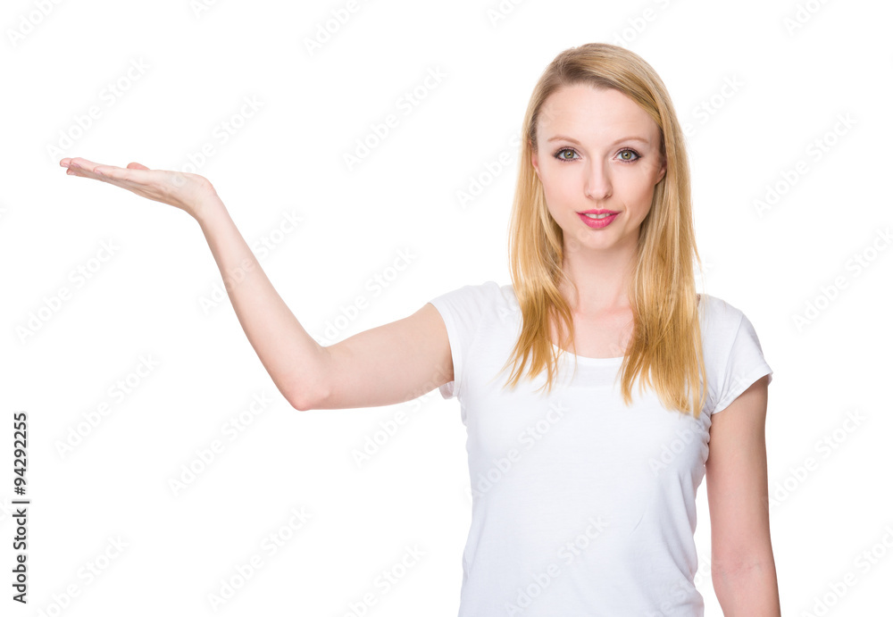Young Woman with hand showing blank sign Young Woman with hand showing blank sign