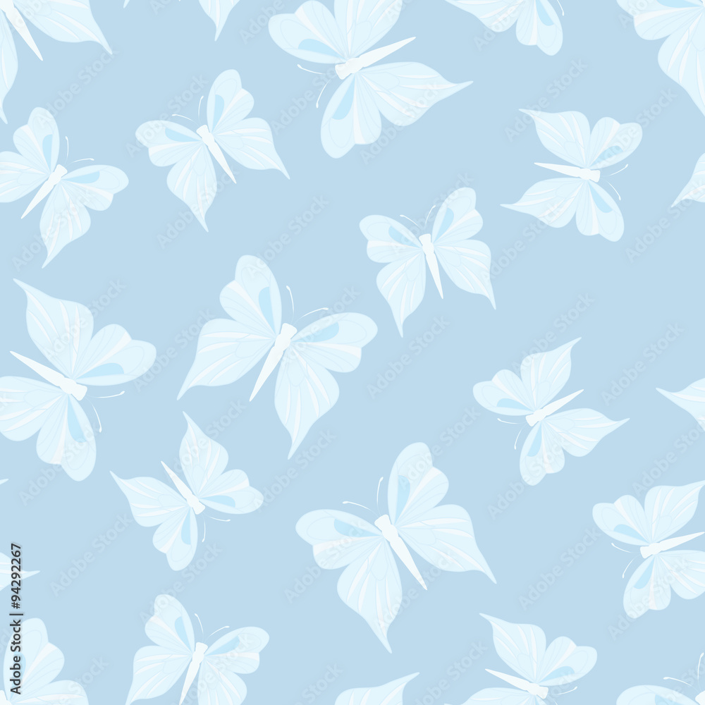 Seamless pattern with butterflies. Summer background. Vintage texture. Blue backdrop. Vector illustration.