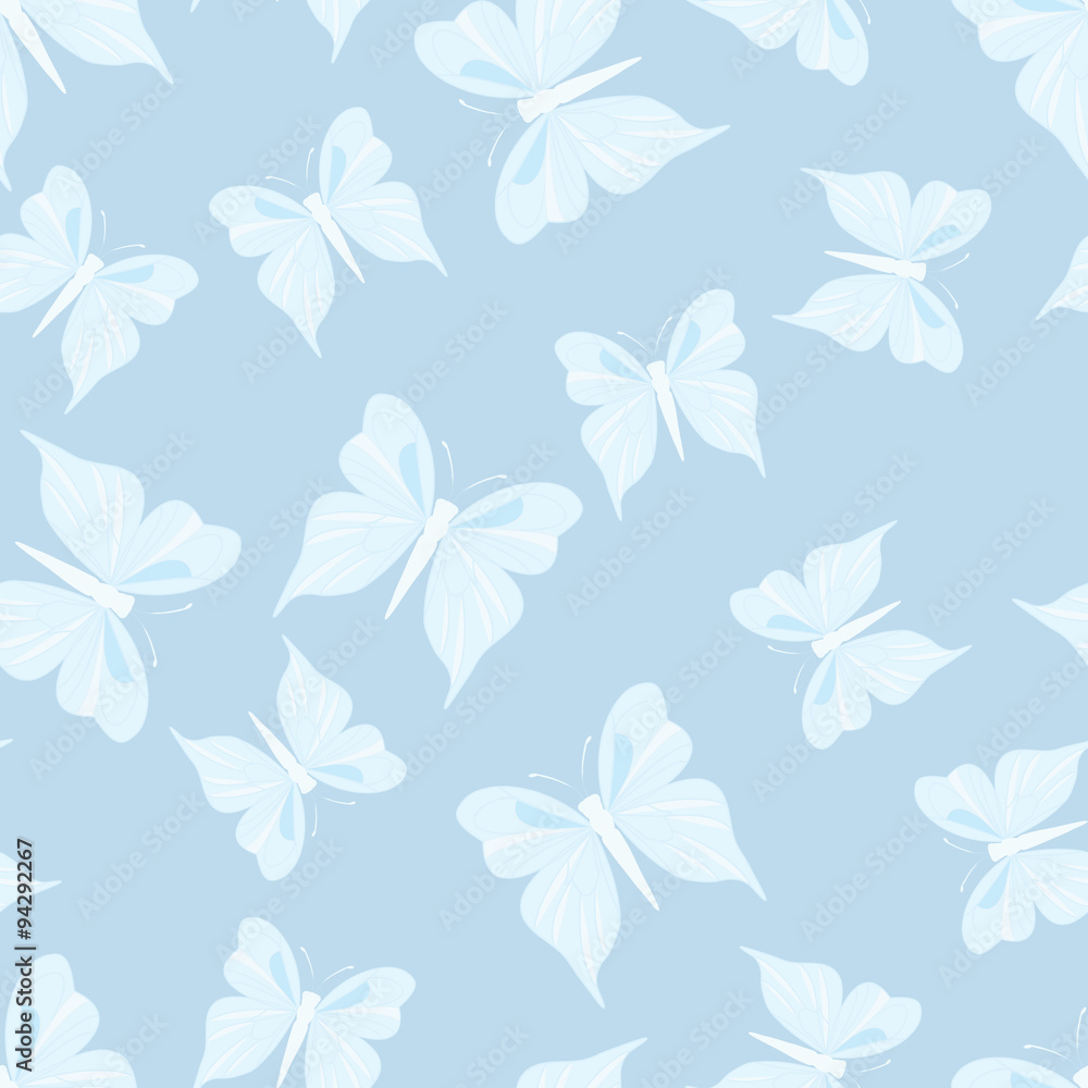 Fototapeta premium Seamless pattern with butterflies. Summer background. Vintage texture. Blue backdrop. Vector illustration.