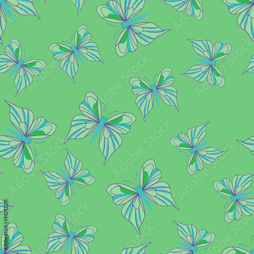 Seamless pattern with butterflies. Summer background. Vintage texture. Green backdrop. Vector illustration.