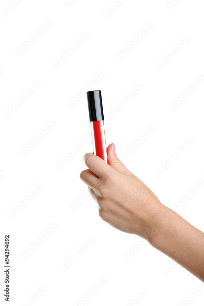 Female hand with lip gloss isolated on white Female hand with lip gloss isolated on white