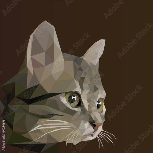 Low poly design. Abstract vector Illustration, low poly style. Stylized design element. Logo design with kitten. Polygonal brown cat illustration.