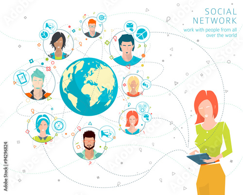 Global business concept. Communication in the global networks. Multitasking in business. Long-distance administration and management. Concept of social media network.  Vector illustration.