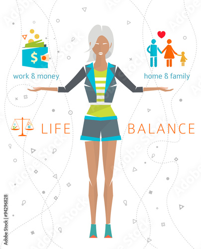 Concept of work and life balance / dividing of human energy between important life spheres / Vector illustration. 