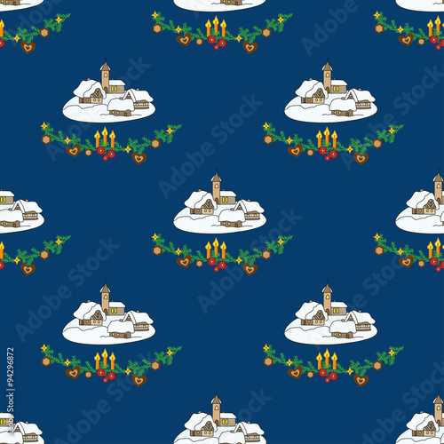 Christmas seamless with winter village on blue