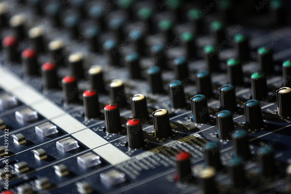 Audio mixing console closeup Audio mixing console closeup