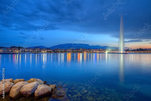 Geneva panorama with famous fountain, Switzerland, HDR