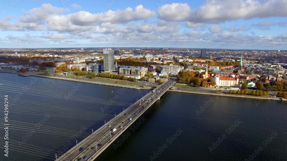 aerial view to the city traffic on bridge in Riga, Latvia aerial view to the city traffic on bridge in Riga, Latvia
