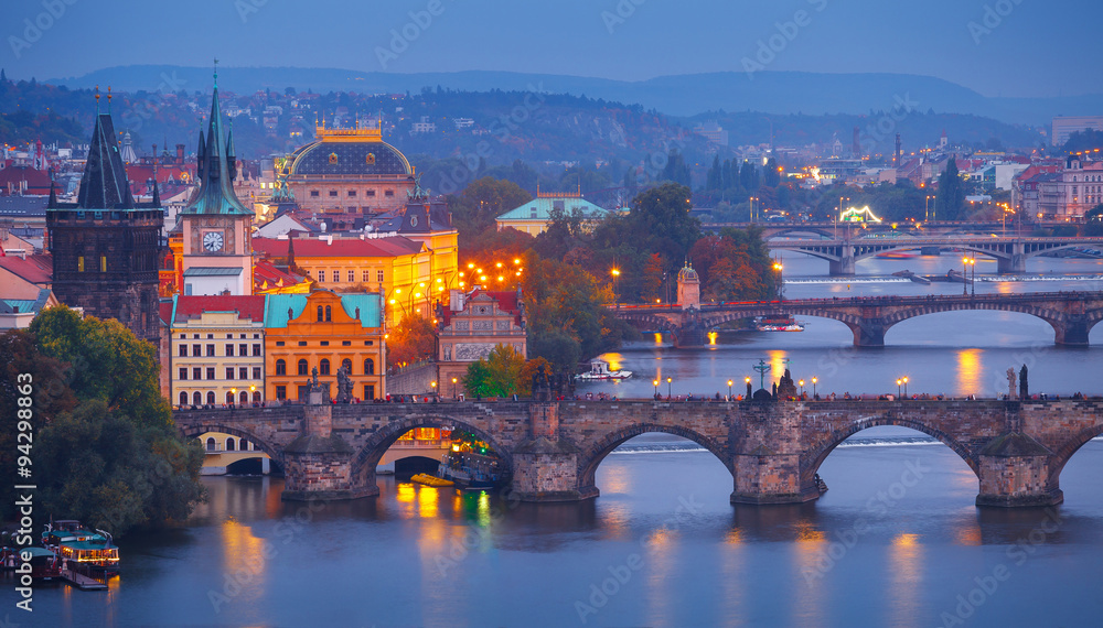 Evening over river Vltava near Charles bridge in Prague, Czech