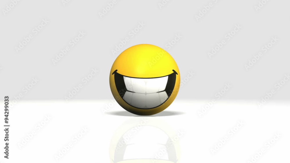 A cartoony yellow bouncing ball bouncing randomly towards the camera and coming to rest on a white surface and revealing a broad smile with giant white teeth