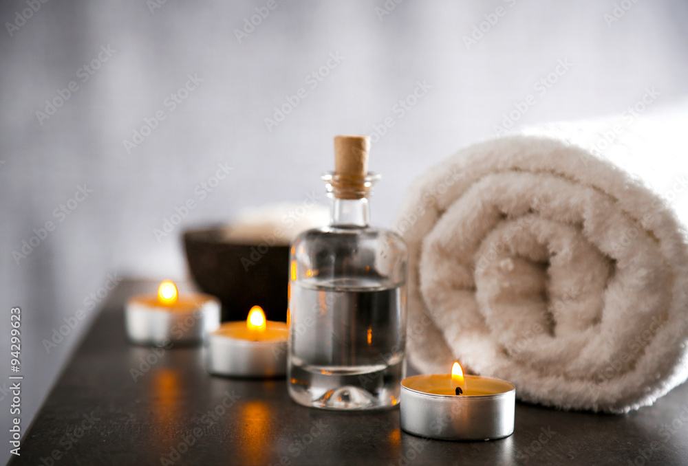 Composition of spa treatment on table colorful background Composition of spa treatment on table colorful background