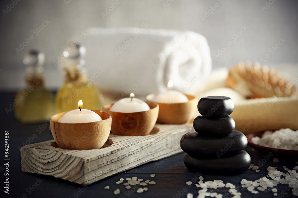 Composition of spa treatment on table colorful background Composition of spa treatment on table colorful background