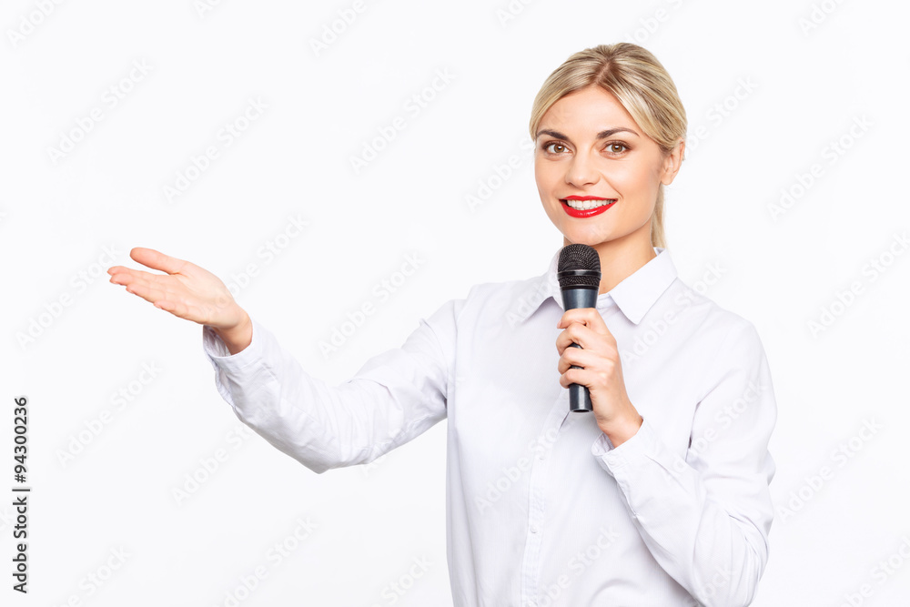 Agreeable TV announcer being involved in work Agreeable TV announcer being involved in work