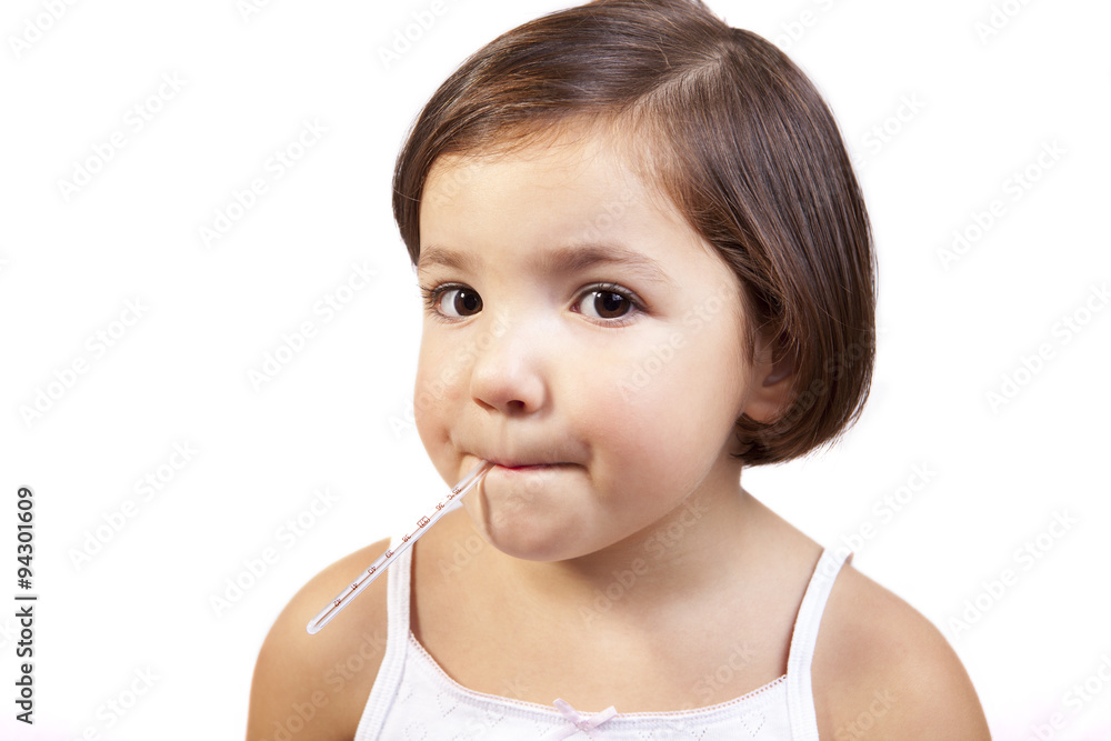 Cute girl with a clinical mercury-in-glass thermometer Cute girl with a clinical mercury-in-glass thermometer