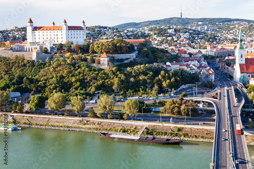 Danube waterfront, bridge and Bratislava city