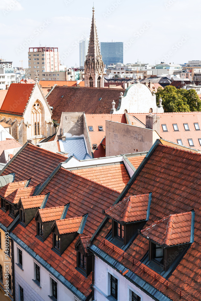 above view of orange tile roofs in old town