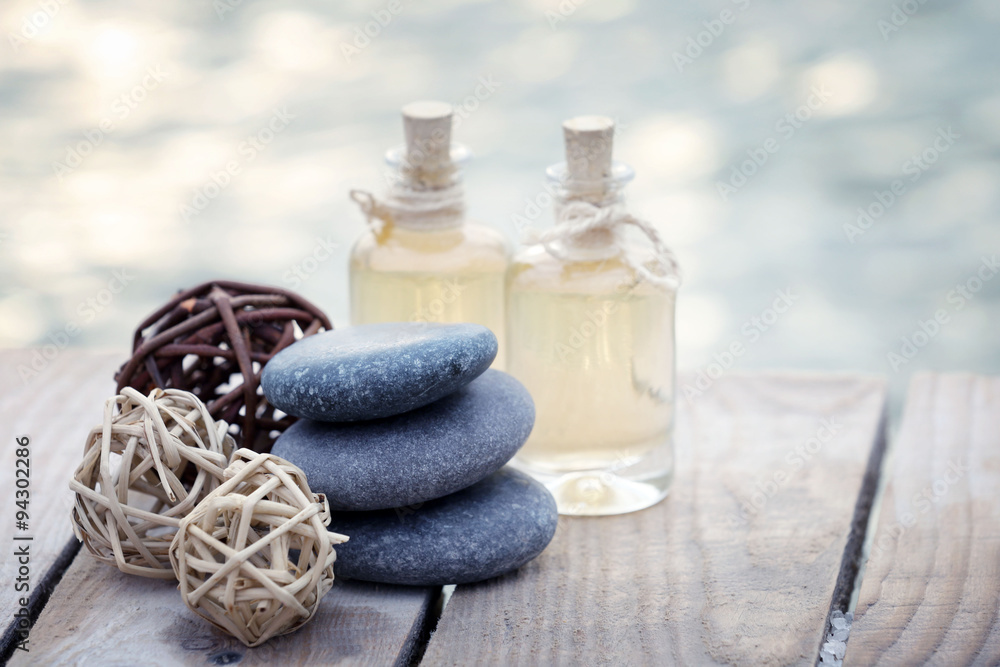 Set of relaxing things on wooden background Set of relaxing things on wooden background