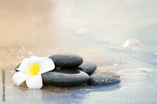 Composition of pebbles and fragipani flower