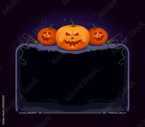 Festive decoration for Halloween. Company festive pumpkins with various facial expressions.
Frame with pumpkin and tree roots on a dark background.